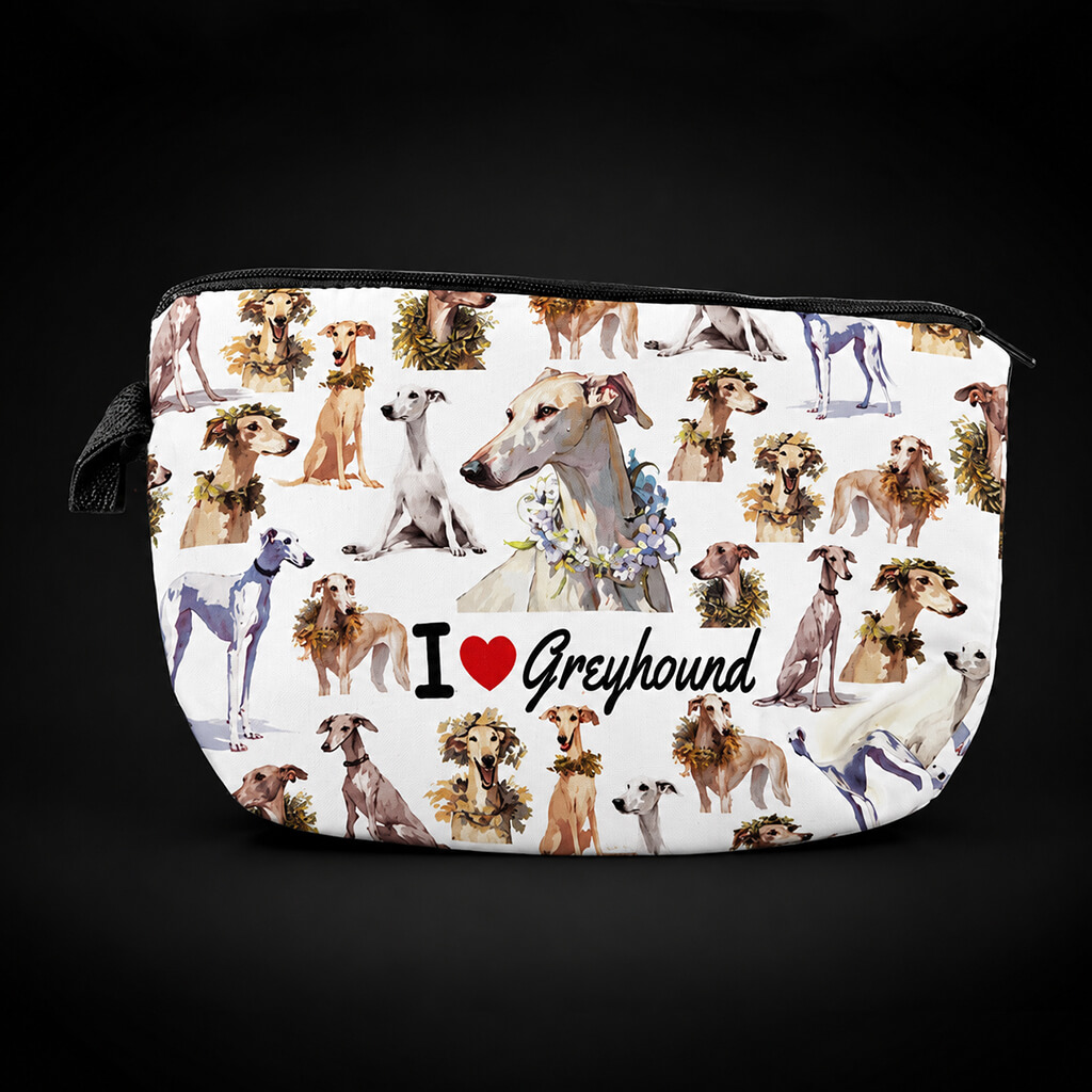 Cosmetic bag featuring greyhound illustrations, floral accents.